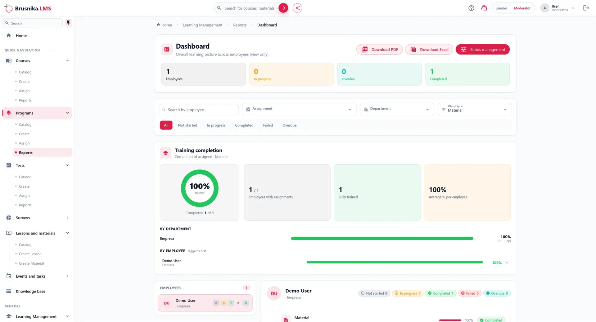 Brusnika LMS interface with reports, progress and learning analytics