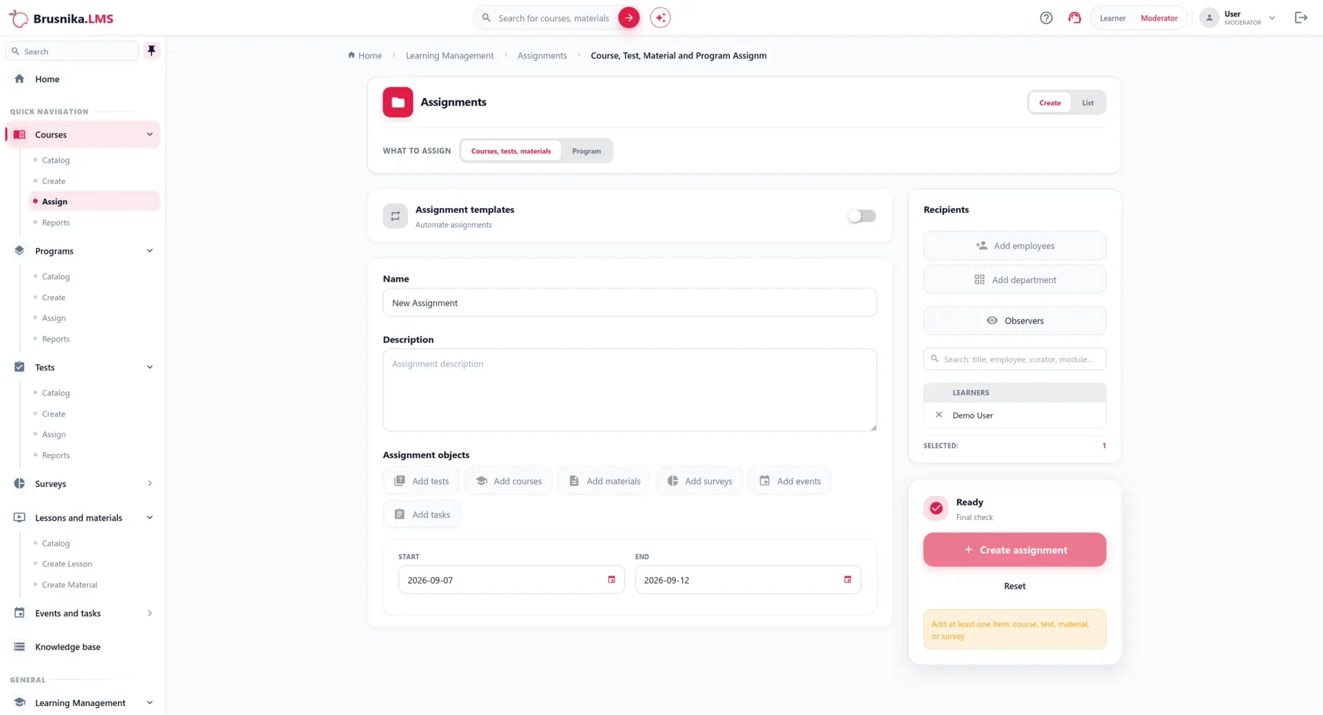 Brusnika LMS interface for competency development and individual growth plans