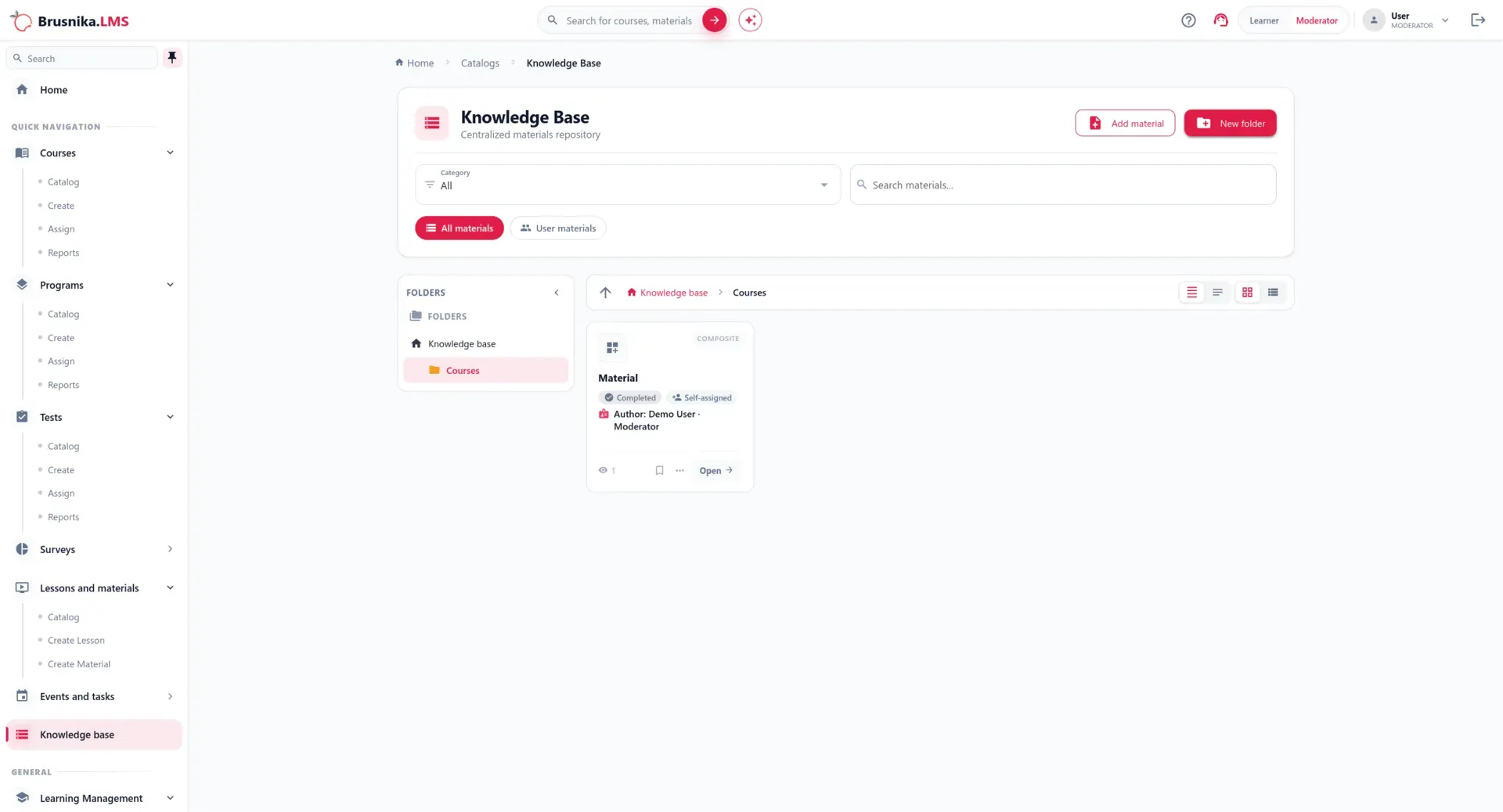 Brusnika LMS interface with knowledge base, articles and instructions