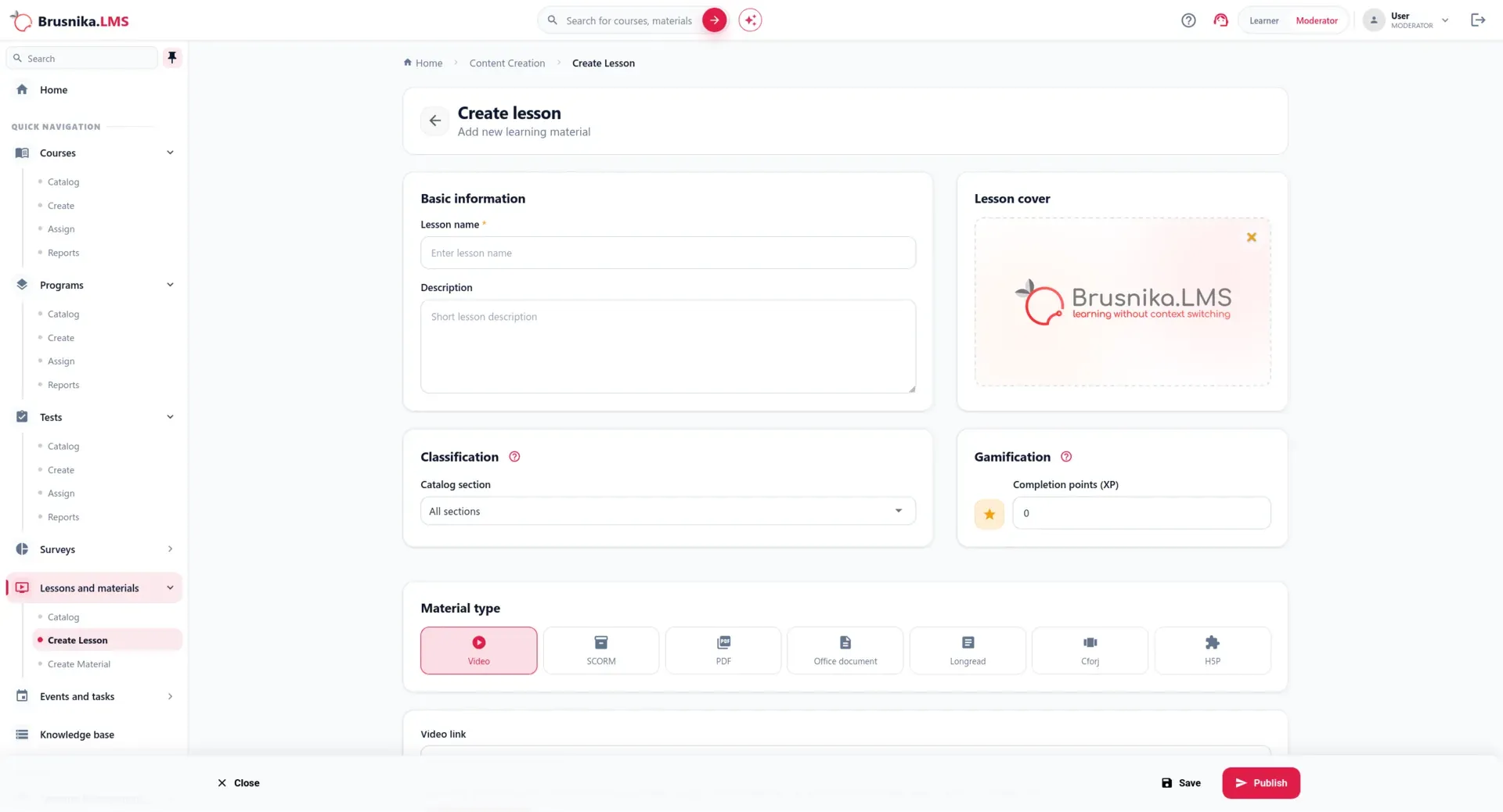 Brusnika LMS interface for creating and assigning learning